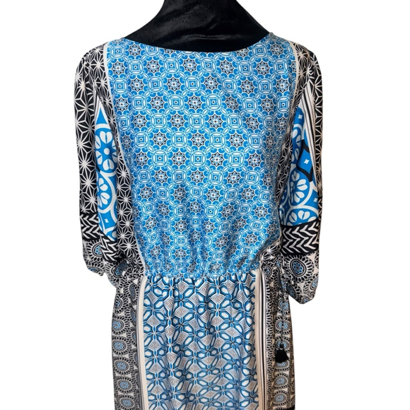 LOFT Tassel Boho Dress Size L Blue Geometric mosaic Tie - Picture 4 of 9